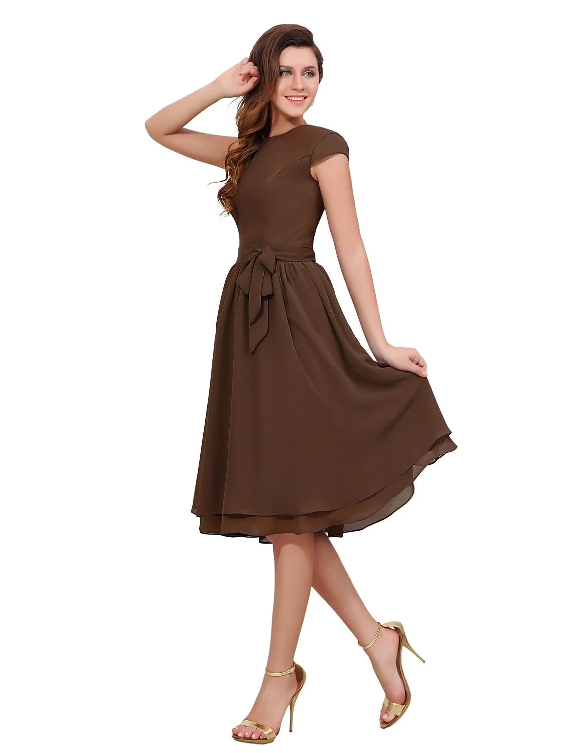 Graceful Chiffon A-Line Boat Neck Cap Sleeves Button Back Knee-Length Mother of the Bride Dresses