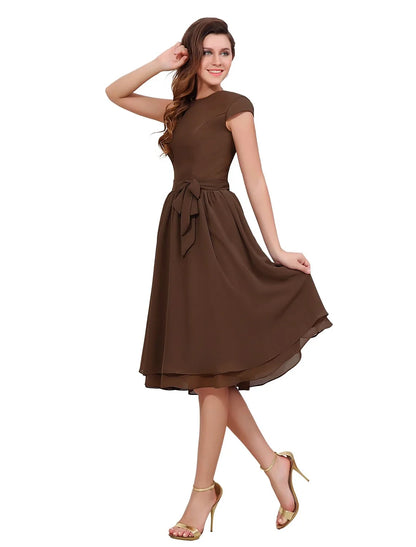 Graceful Chiffon A-Line Boat Neck Cap Sleeves Button Back Knee-Length Mother of the Bride Dresses