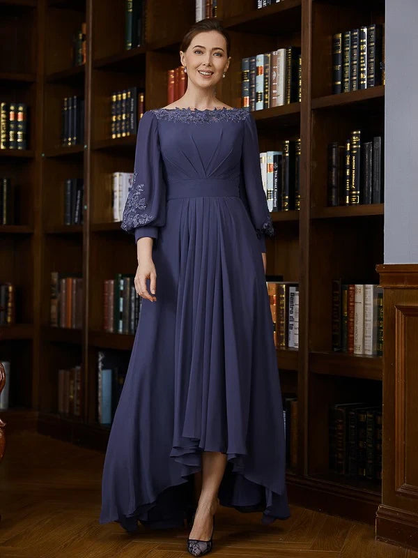 Graceful Chiffon A-Line Boat Neck Long Sleeves Zipper Back High-Low Mother of the Bride Dresses