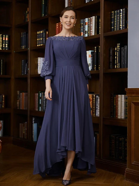 Graceful Chiffon A-Line Boat Neck Long Sleeves Zipper Back High-Low Mother of the Bride Dresses