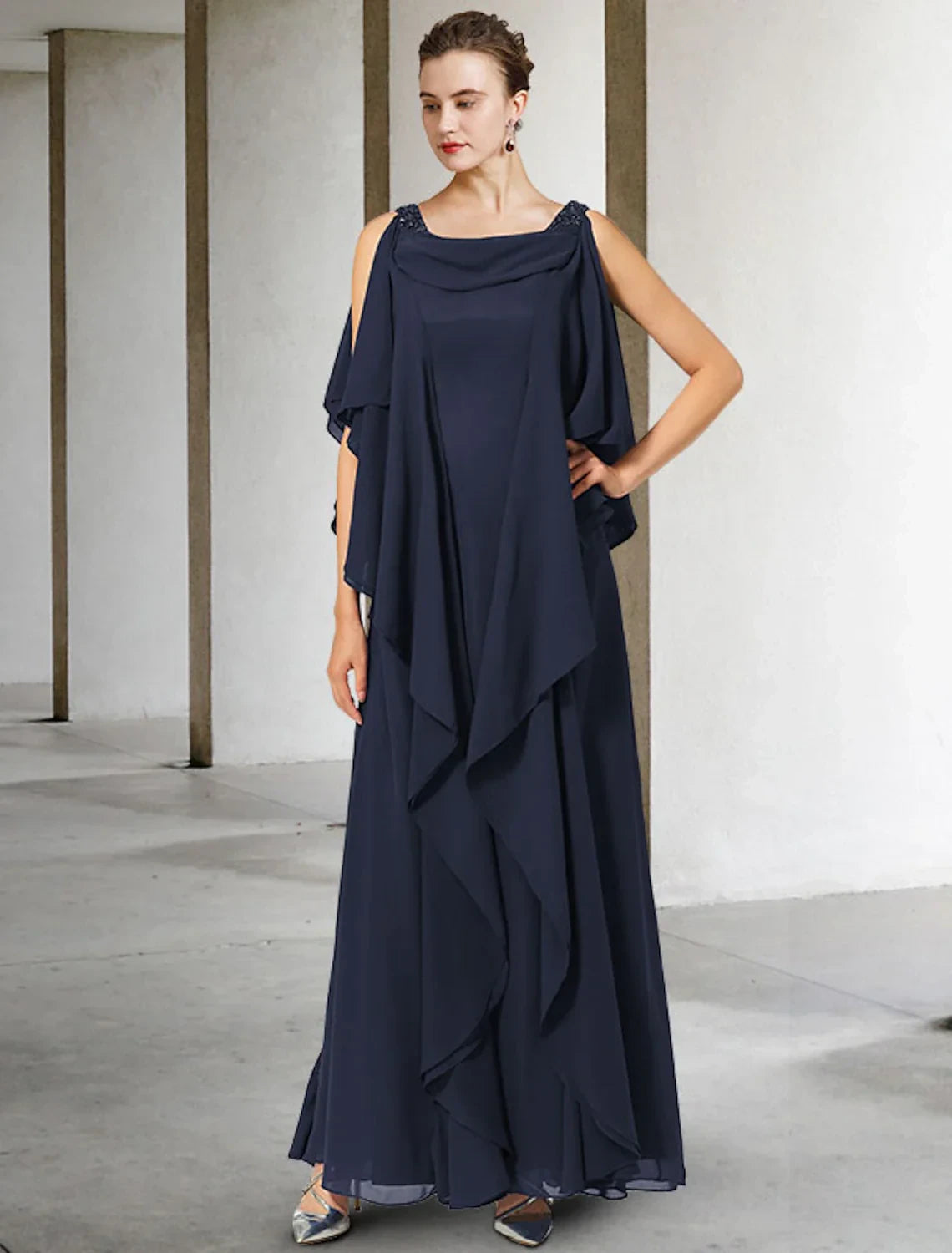 Graceful Chiffon A-Line Cowl Neck Sleeveless Draped Cape Low Scoop Back Floor Length Mother of the Bride Dresses