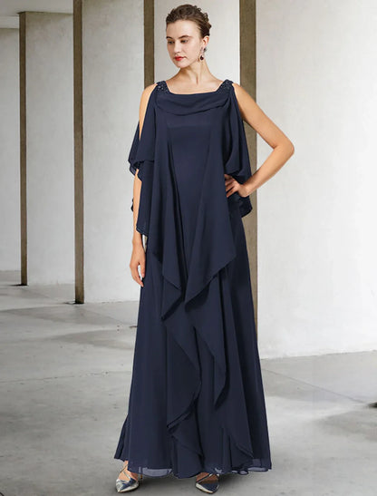 Graceful Chiffon A-Line Cowl Neck Sleeveless Draped Cape Low Scoop Back Floor Length Mother of the Bride Dresses