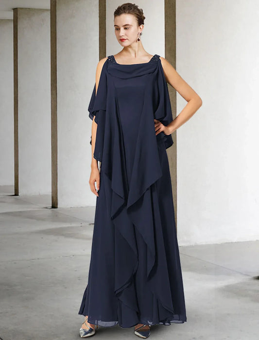 Graceful Chiffon A-Line Cowl Neck Sleeveless Draped Cape Low Scoop Back Floor Length Mother of the Bride Dresses