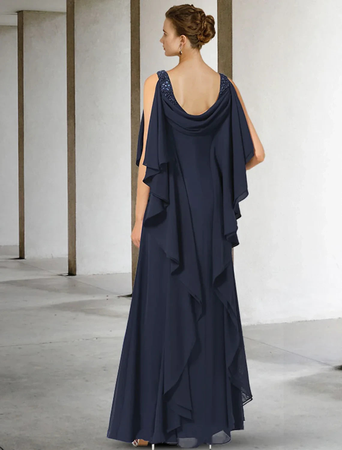 Graceful Chiffon A-Line Cowl Neck Sleeveless Draped Cape Low Scoop Back Floor Length Mother of the Bride Dresses