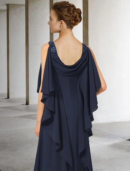 Graceful Chiffon A-Line Cowl Neck Sleeveless Draped Cape Low Scoop Back Floor Length Mother of the Bride Dresses