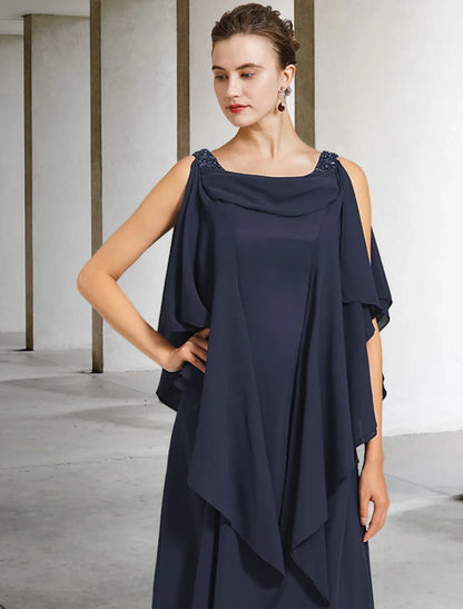 Graceful Chiffon A-Line Cowl Neck Sleeveless Draped Cape Low Scoop Back Floor Length Mother of the Bride Dresses