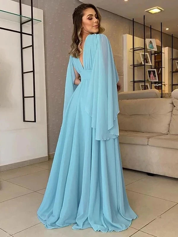 Graceful Chiffon A-Line Deep V-Neck Cape Sleeves V-Back Floor-Length Mother of the Bride Dresses