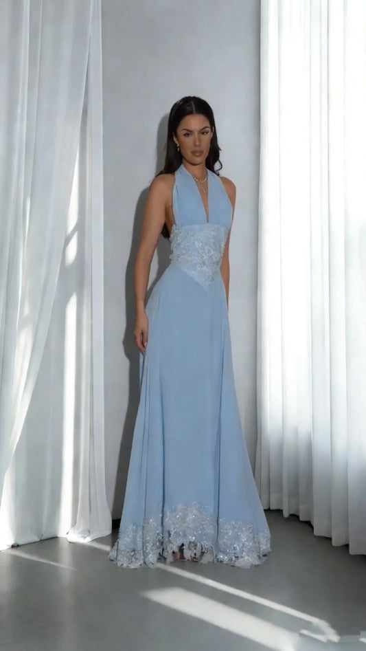 Graceful Chiffon A-Line Halter Sleeveless Open Back Floor-Length Prom Dresses