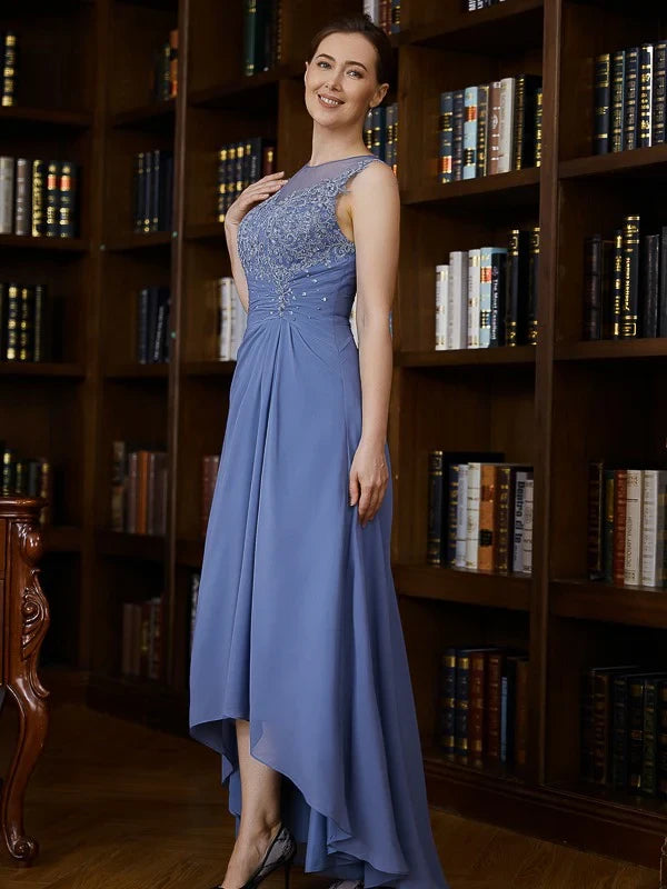Graceful Chiffon A-Line Illusion Boat Neck Sleeveless Illusion Back High-Low Mother of the Bride Dresses
