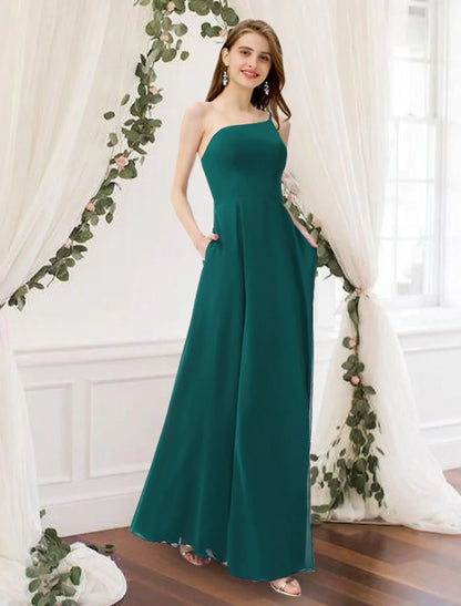 Graceful Chiffon A-Line One-Shoulder Sleeveless Zipper Back Floor-Length Bridesmaid Dresses