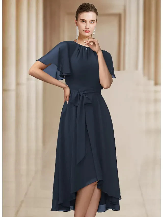 Graceful Chiffon A-Line Round Neck Flutter Sleeve Zipper Back Asymmetrical Midi Mother of the Bride Dresses