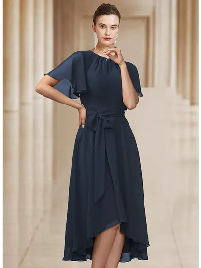 Graceful Chiffon A-Line Round Neck Flutter Sleeve Zipper Back Asymmetrical Midi Mother of the Bride Dresses