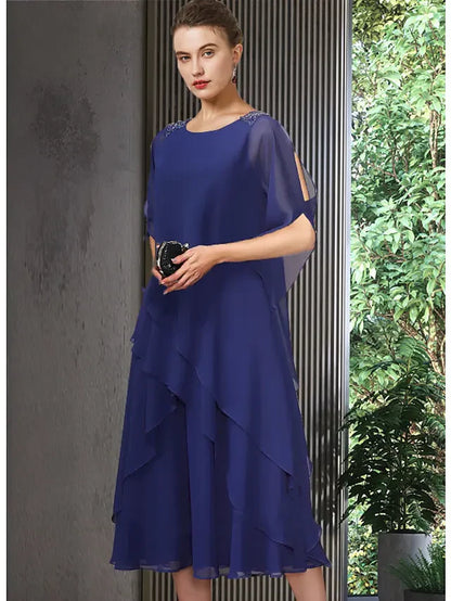 Graceful Chiffon A-Line Round Neck Flutter Sleeve Zipper Back Midi Mother of the Bride Dresses