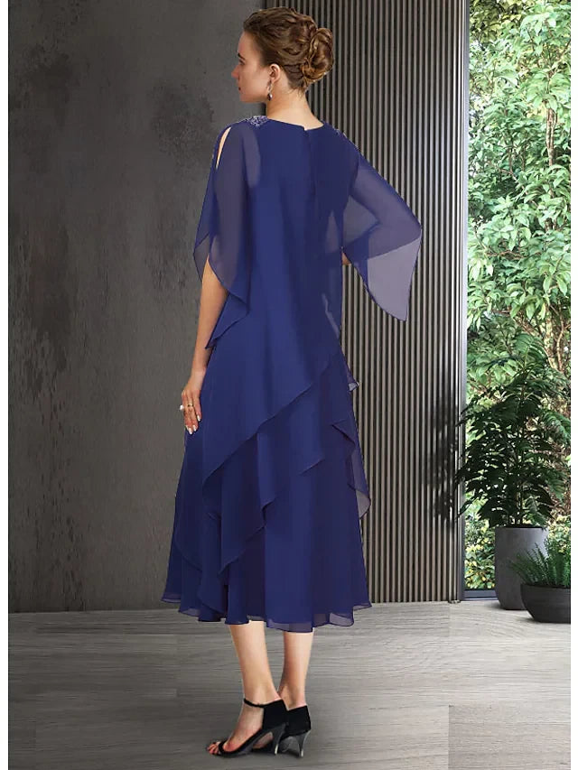 Graceful Chiffon A-Line Round Neck Flutter Sleeve Zipper Back Midi Mother of the Bride Dresses