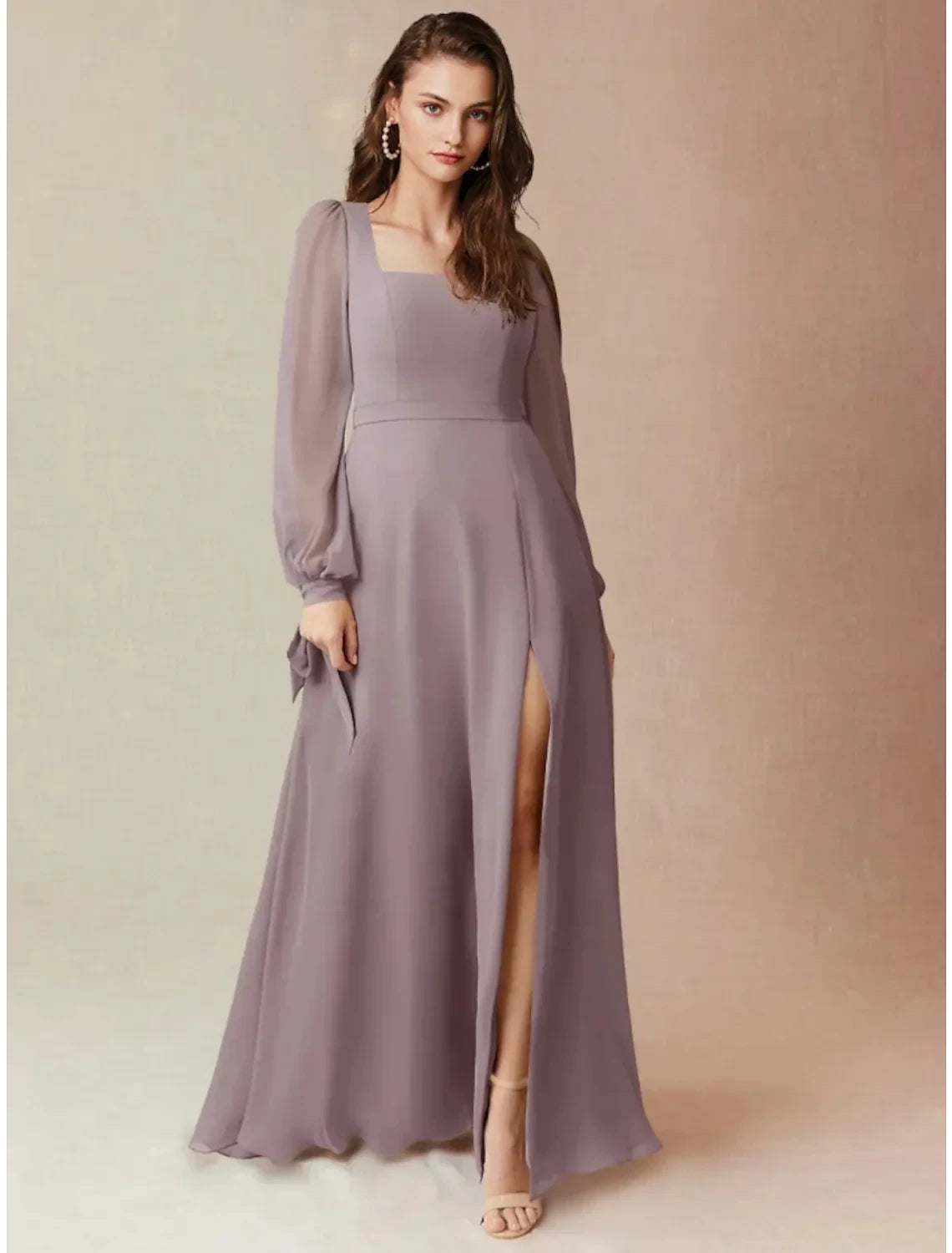 Graceful Chiffon A-Line Square Neck Long Sleeve Tie-Back Floor-Length Bridesmaid Dresses
