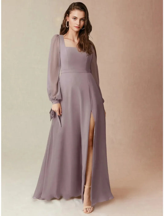 Graceful Chiffon A-Line Square Neck Long Sleeve Tie-Back Floor-Length Bridesmaid Dresses
