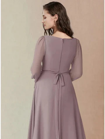 Graceful Chiffon A-Line Square Neck Long Sleeve Tie-Back Floor-Length Bridesmaid Dresses