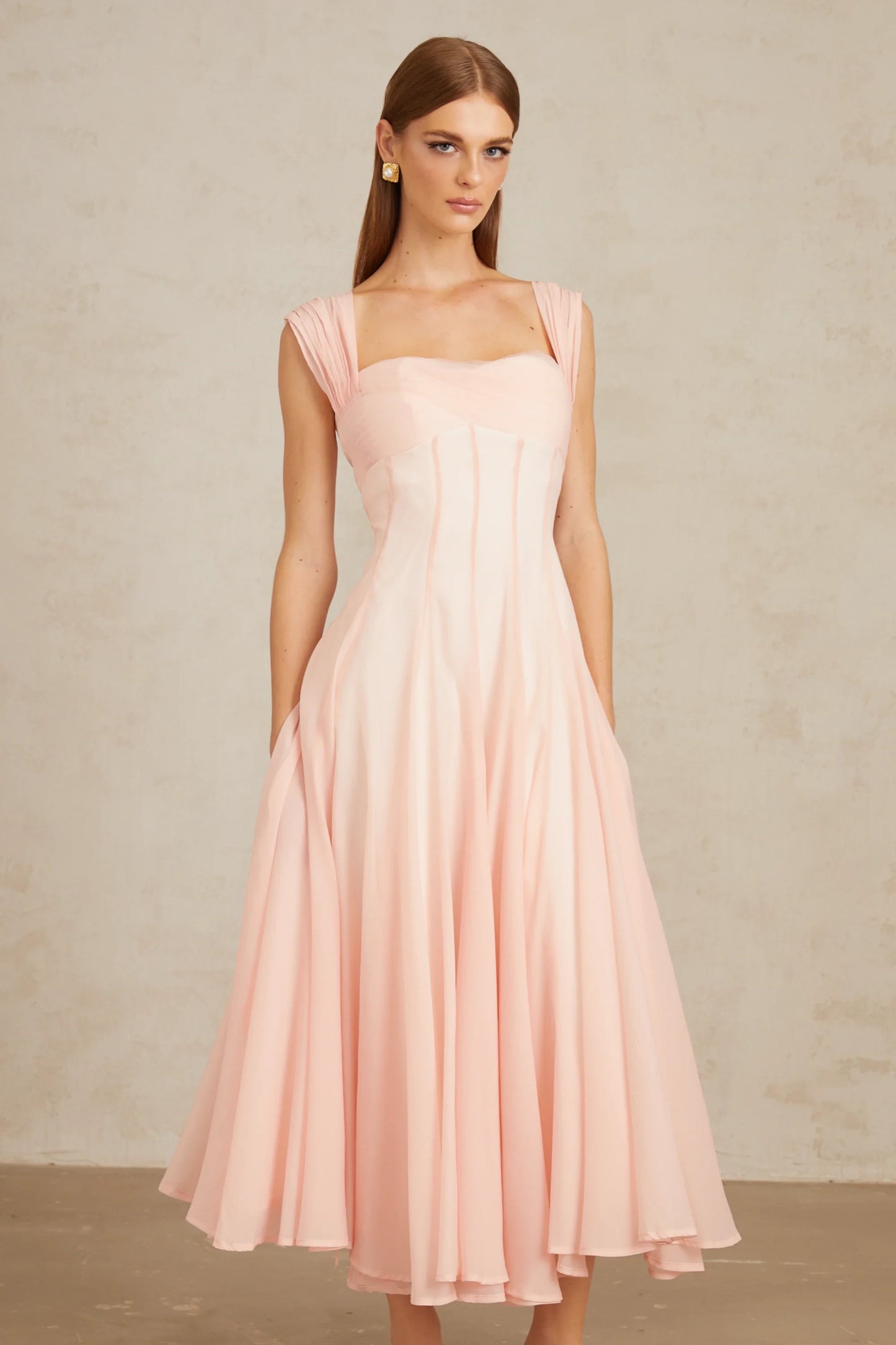Graceful Chiffon A-Line Square Neck Ruched Strap Zipper Back Midi Length Evening Dresses