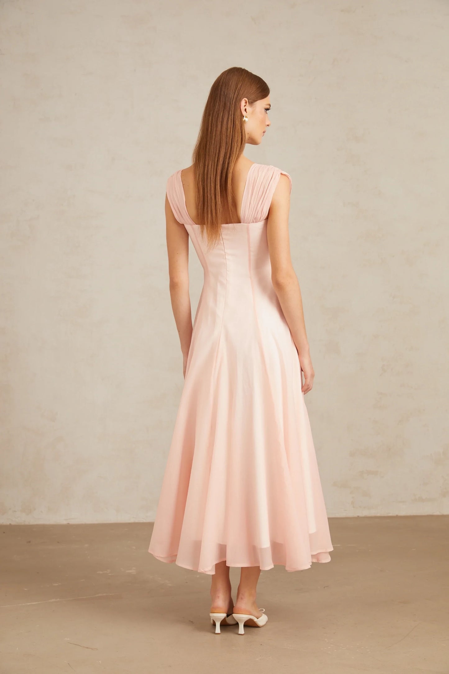 Graceful Chiffon A-Line Square Neck Ruched Strap Zipper Back Midi Length Evening Dresses