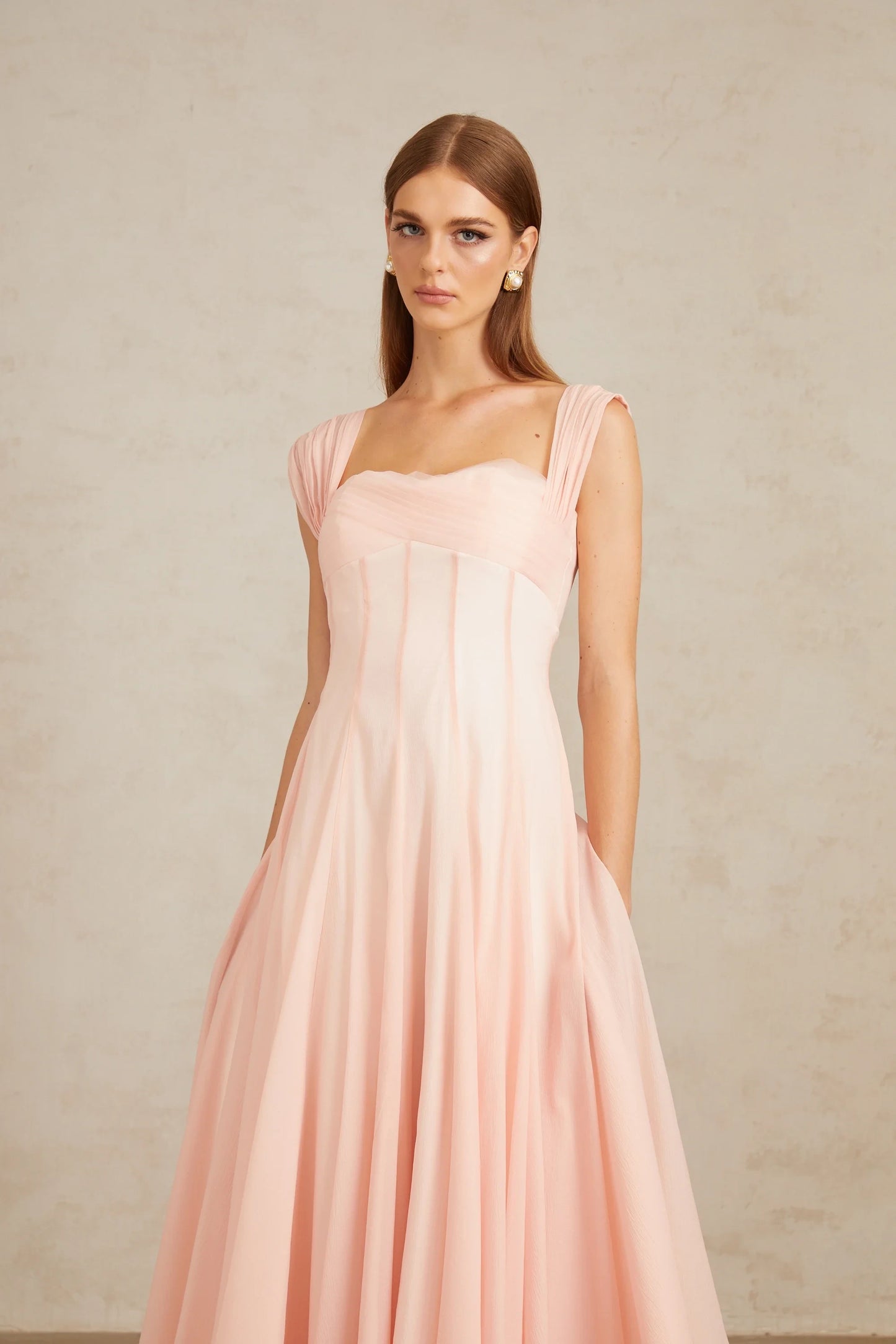 Graceful Chiffon A-Line Square Neck Ruched Strap Zipper Back Midi Length Evening Dresses