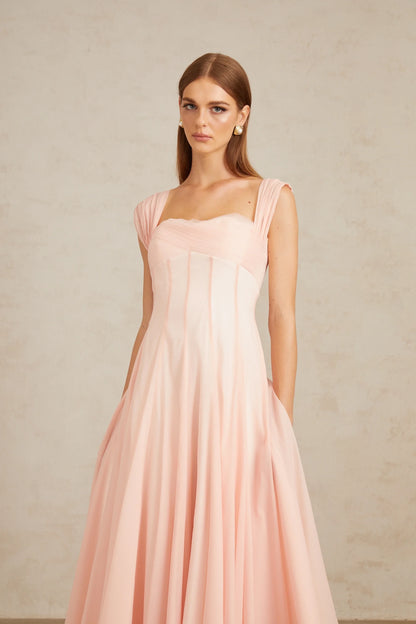 Graceful Chiffon A-Line Square Neck Ruched Strap Zipper Back Midi Length Evening Dresses