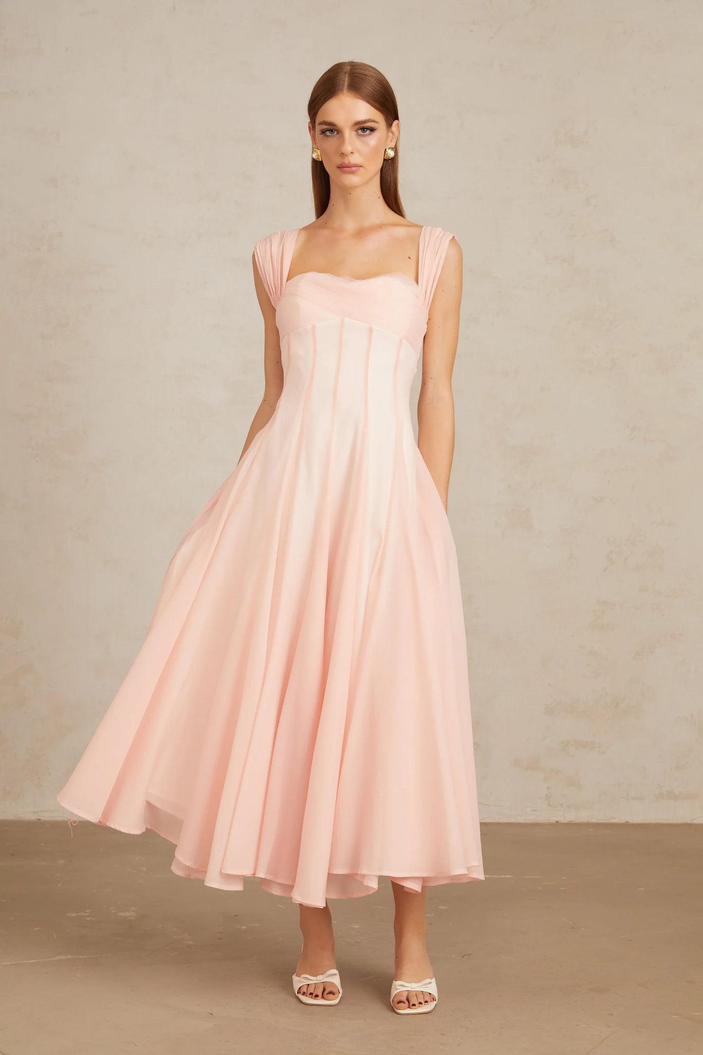 Graceful Chiffon A-Line Square Neck Ruched Strap Zipper Back Midi Length Evening Dresses