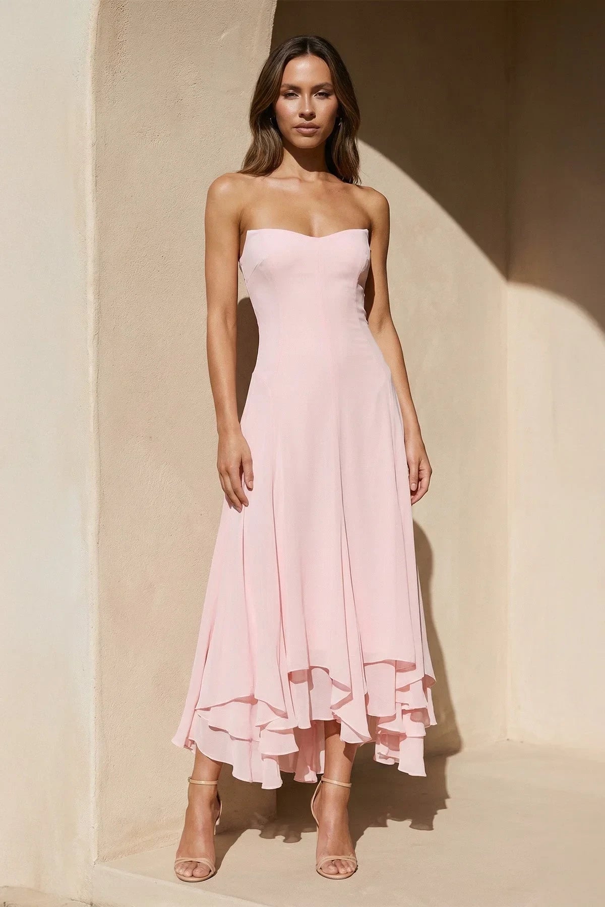 Graceful Chiffon A-Line Strapless Sweetheart Zipper Back High-Low Evening Dresses