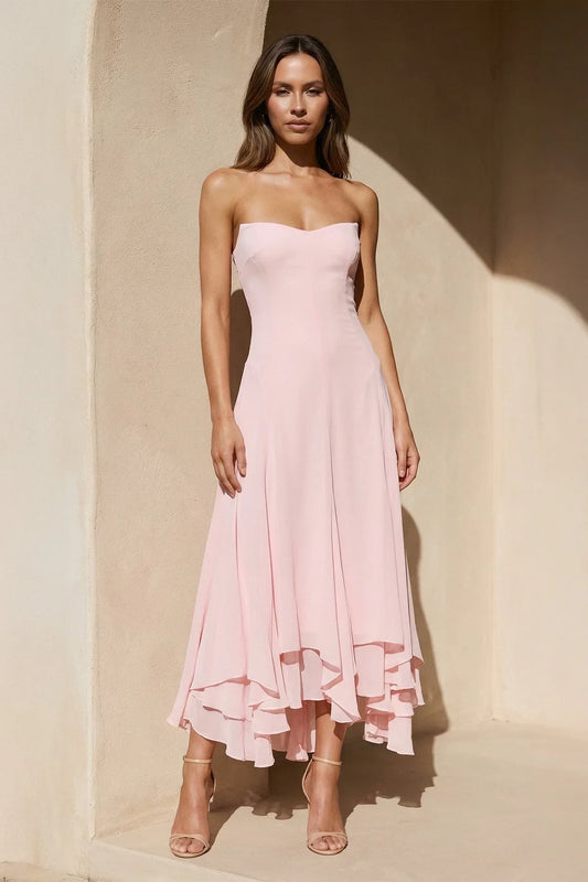 Graceful Chiffon A-Line Strapless Sweetheart Zipper Back High-Low Evening Dresses
