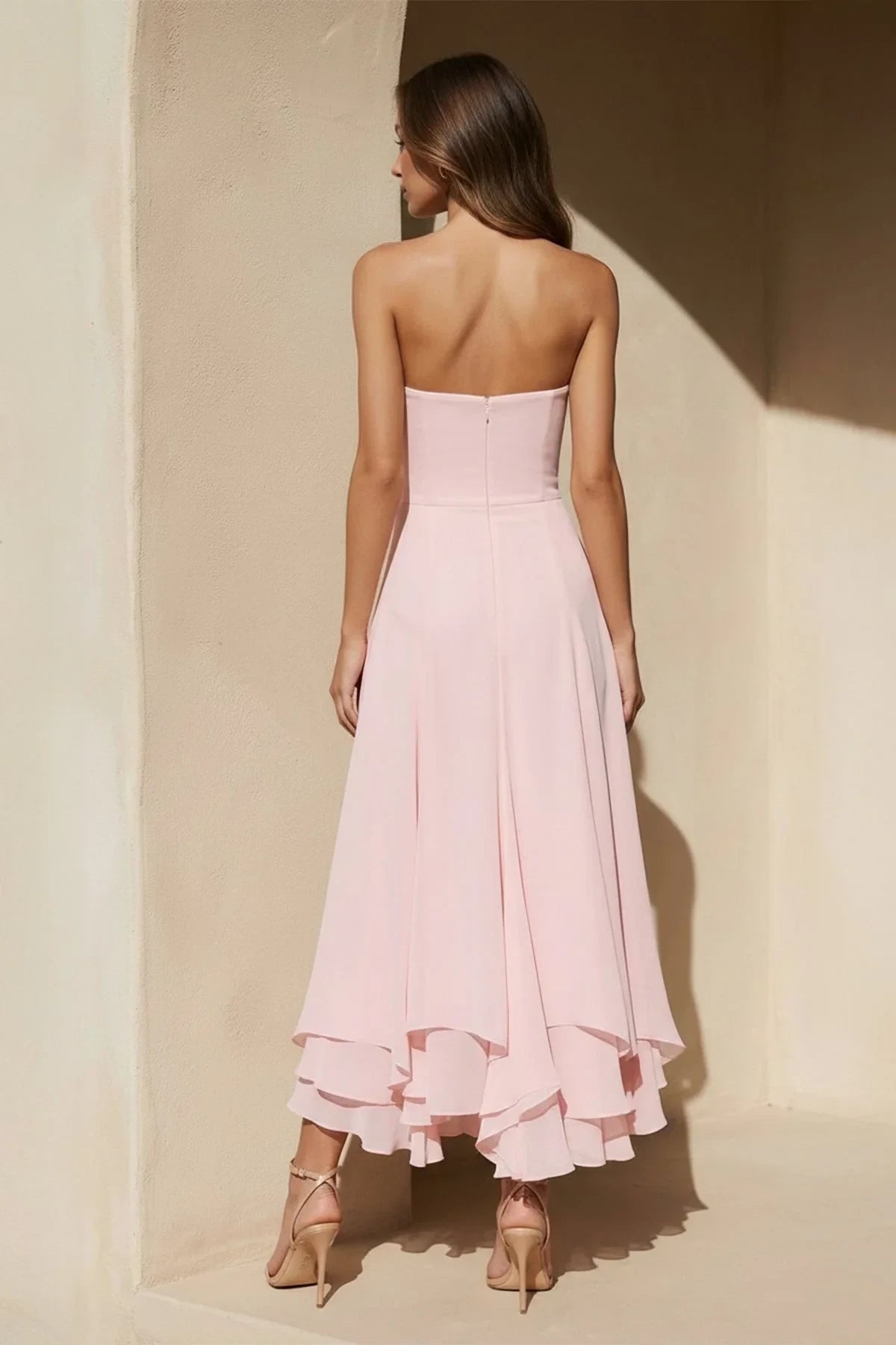 Graceful Chiffon A-Line Strapless Sweetheart Zipper Back High-Low Evening Dresses