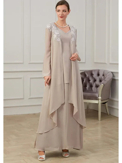 Graceful Chiffon A-Line V-Neck Long Sleeve Closed Back Floor-Length Mother of the Bride Dresses