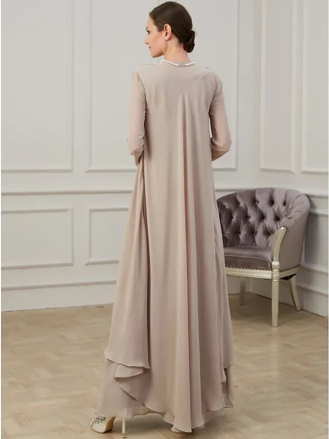 Graceful Chiffon A-Line V-Neck Long Sleeve Closed Back Floor-Length Mother of the Bride Dresses