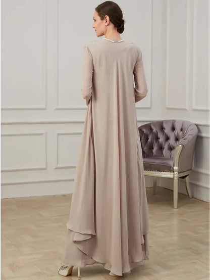 Graceful Chiffon A-Line V-Neck Long Sleeve Closed Back Floor-Length Mother of the Bride Dresses