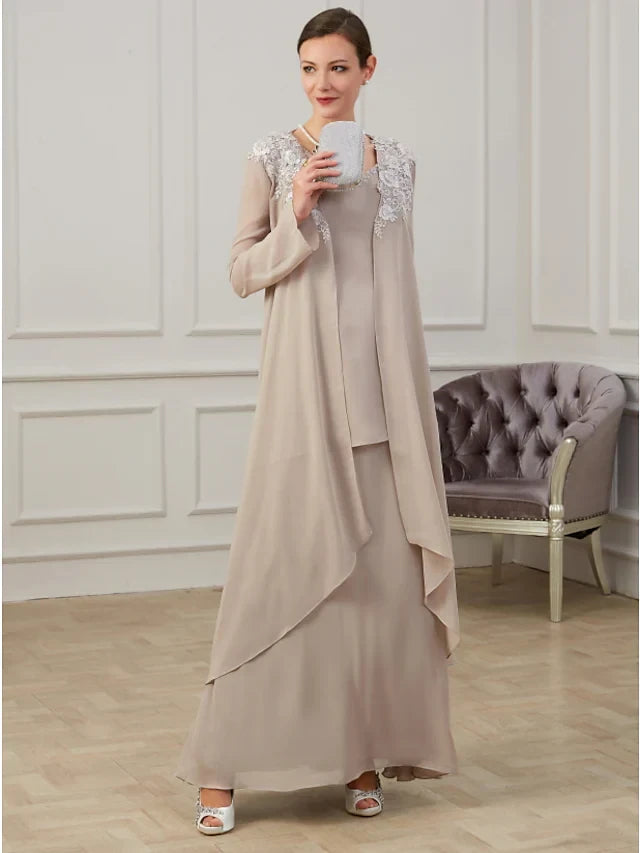 Graceful Chiffon A-Line V-Neck Long Sleeve Closed Back Floor-Length Mother of the Bride Dresses