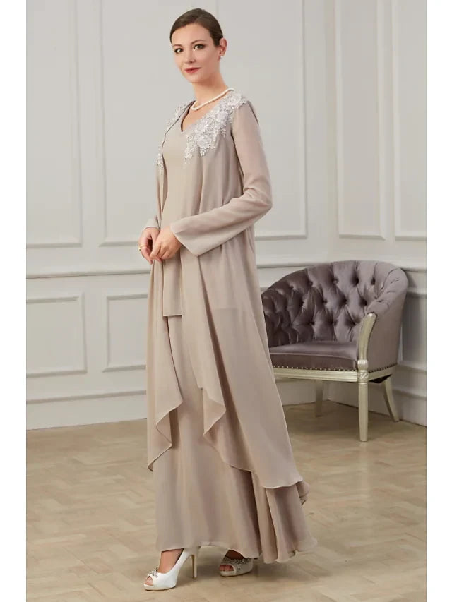 Graceful Chiffon A-Line V-Neck Long Sleeve Closed Back Floor-Length Mother of the Bride Dresses