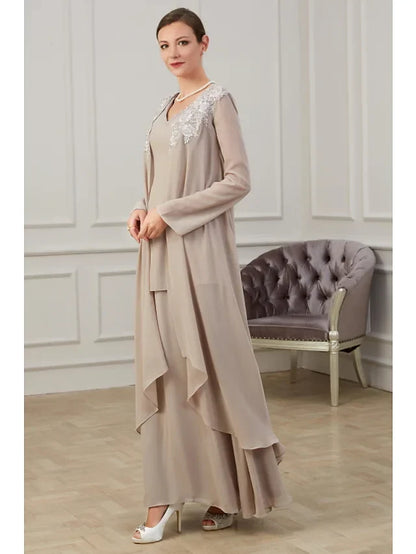 Graceful Chiffon A-Line V-Neck Long Sleeve Closed Back Floor-Length Mother of the Bride Dresses