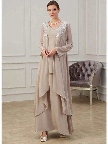 Graceful Chiffon A-Line V-Neck Long Sleeve Closed Back Floor-Length Mother of the Bride Dresses