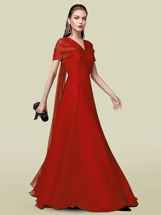 Graceful Chiffon A-Line V-Neck Short Sleeve Deep V-Back Floor-Length Mother of the Bride Dresses