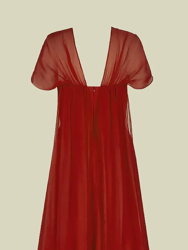 Graceful Chiffon A-Line V-Neck Short Sleeve Deep V-Back Floor-Length Mother of the Bride Dresses