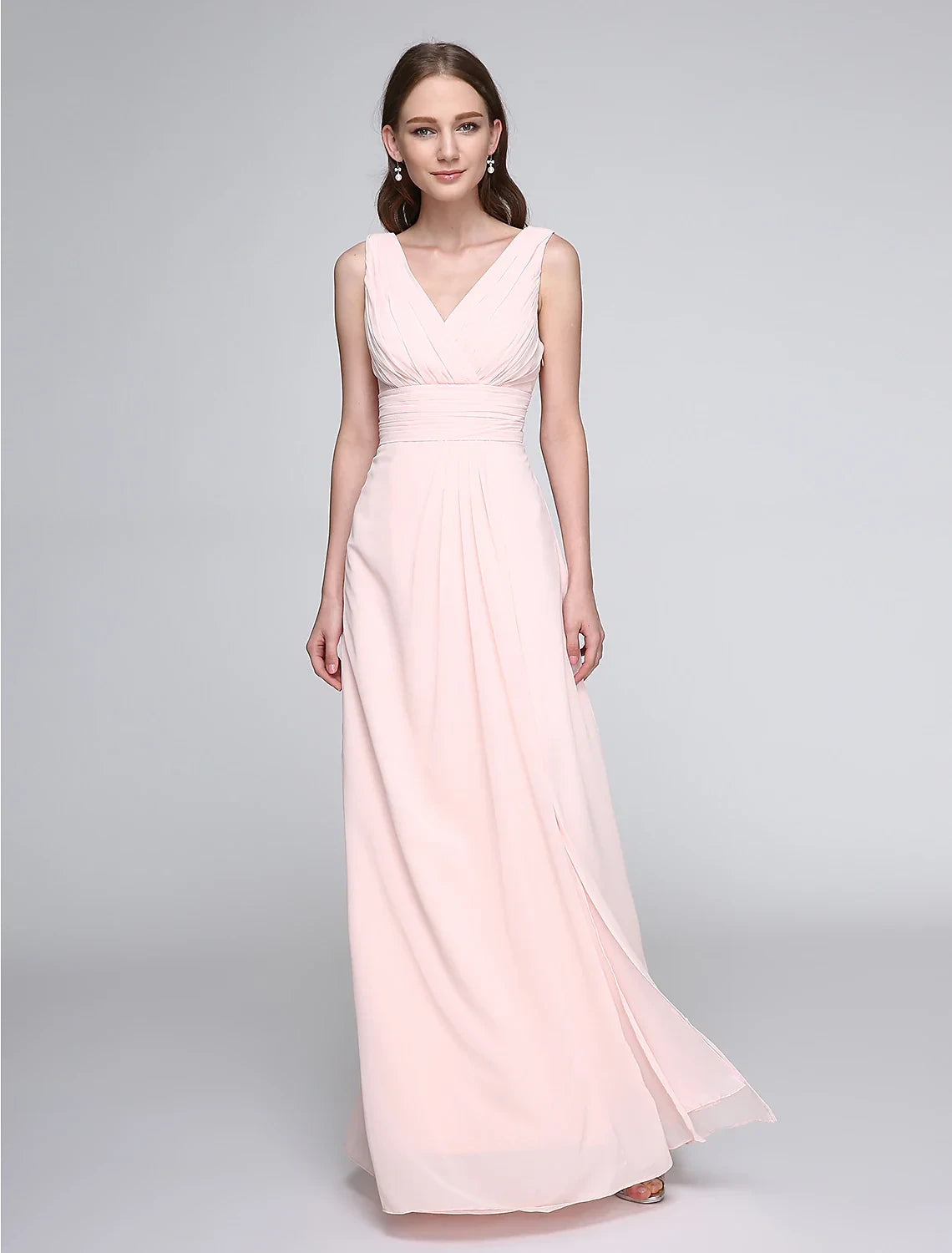Graceful Chiffon A-Line V-Neck Sleeveless Pleated Low V-Back Floor-Length Bridesmaid Dresses