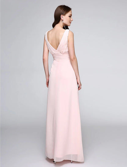 Graceful Chiffon A-Line V-Neck Sleeveless Pleated Low V-Back Floor-Length Bridesmaid Dresses