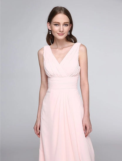 Graceful Chiffon A-Line V-Neck Sleeveless Pleated Low V-Back Floor-Length Bridesmaid Dresses