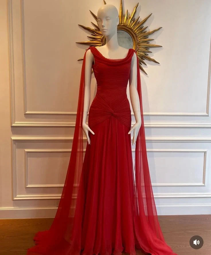 Graceful Chiffon Sheath With Sleeves Cowl Neck Sleeveless Square Back Floor-Length Prom Dresses