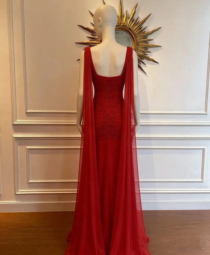 Graceful Chiffon Sheath With Sleeves Cowl Neck Sleeveless Square Back Floor-Length Prom Dresses