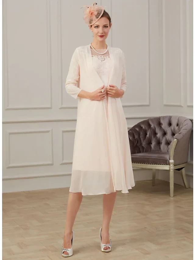 Graceful Lace Two Piece Sheath Round Neck Sleeveless Knee-Length Mother of the Bride Dresses
