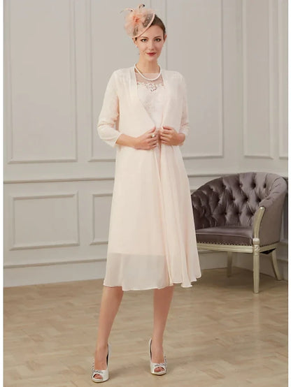 Graceful Lace Two Piece Sheath Round Neck Sleeveless Knee-Length Mother of the Bride Dresses