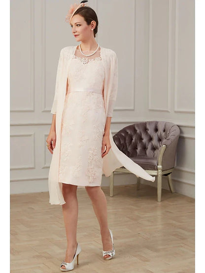 Graceful Lace Two Piece Sheath Round Neck Sleeveless Knee-Length Mother of the Bride Dresses