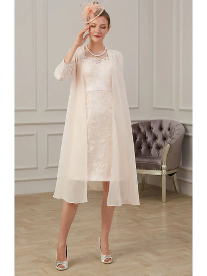Graceful Lace Two Piece Sheath Round Neck Sleeveless Knee-Length Mother of the Bride Dresses