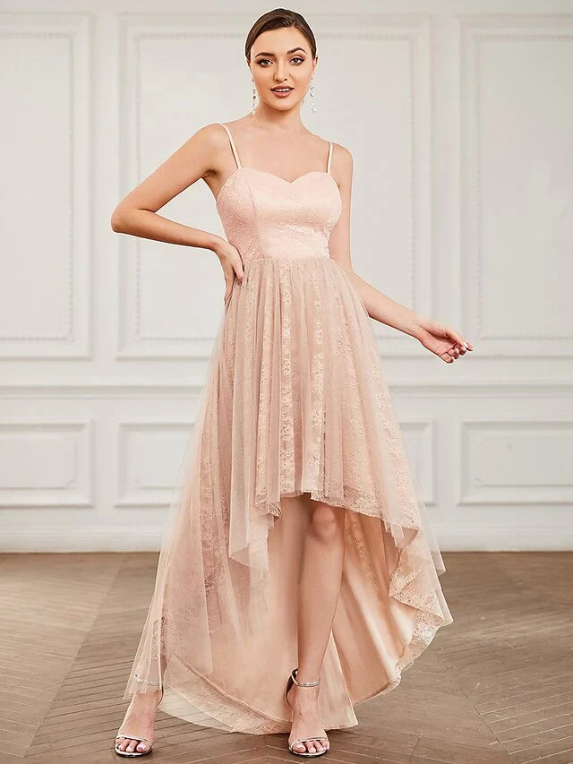 Graceful Lace and Tulle A-Line Sweetheart Spaghetti Strap Zipper Back High-Low Homecoming Dresses