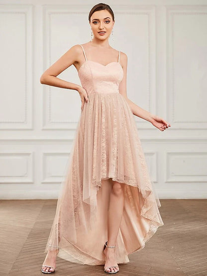 Graceful Lace and Tulle A-Line Sweetheart Spaghetti Strap Zipper Back High-Low Homecoming Dresses