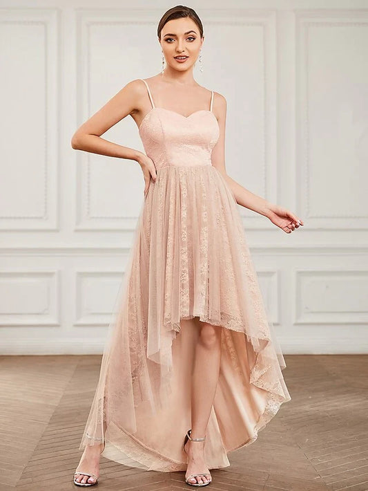Graceful Lace and Tulle A-Line Sweetheart Spaghetti Strap Zipper Back High-Low Homecoming Dresses